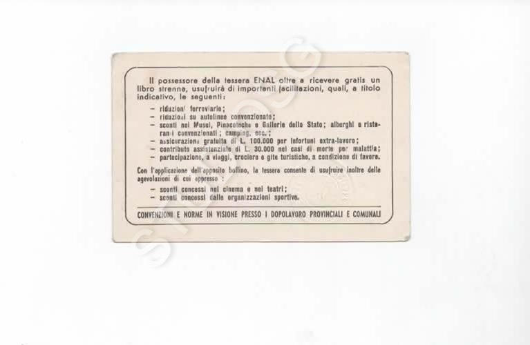 TESSERA DOPOLAVORO ENAL MINISTERO AFFARI ESTERI 1959 BOLLINO