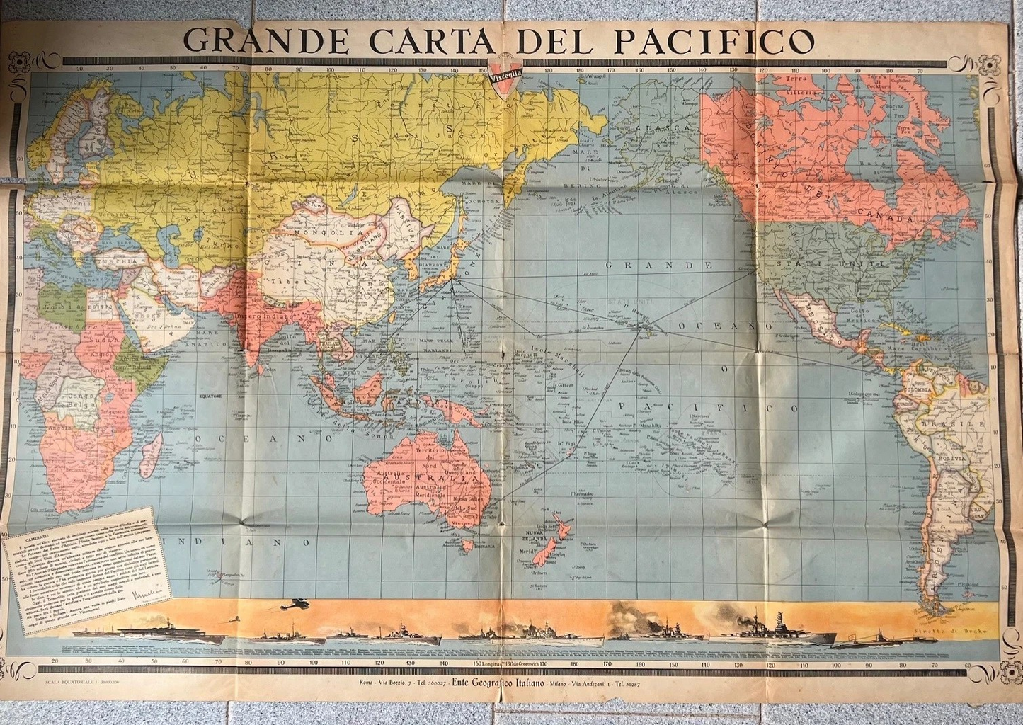 NIPPON BANZAI ! GRANDE CARTA DEL PACIFICO WWII JAPAN 1942 VISCEGLIA