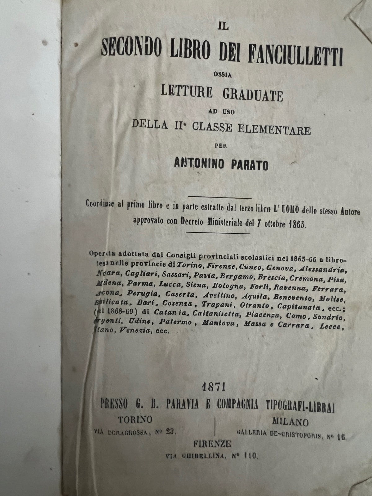 IL SECONDO LIBRO DEI FANCIULLETTI OSSIA LETTURE GRADUATE A. PARATO 1871
