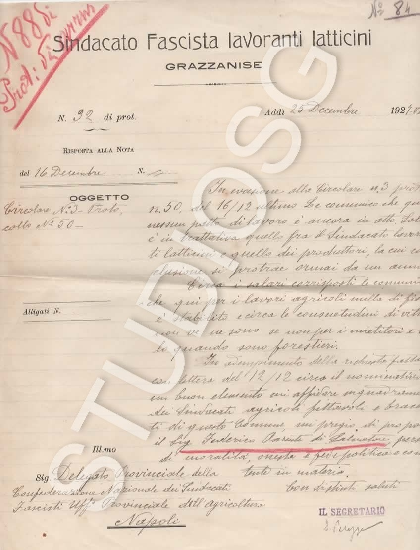 GRAZZANISE CASERTA 1927 LETTERA SINDACATO FASCISTA LAVORATORI LATTICINI MOZZAREL
