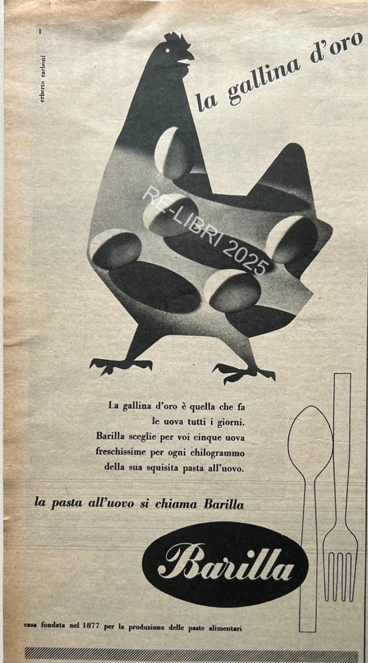 PUBBLICITA' BARILLA ERBERTO CARBONI LA GALLINA D'ORO ANNI '50