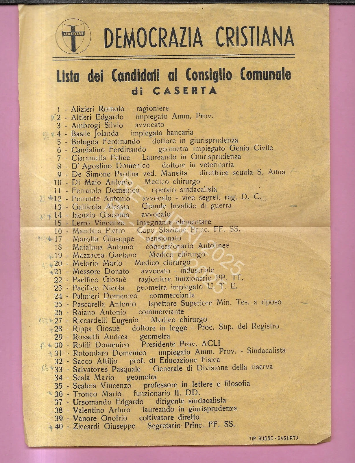 CASERTA 1956 VOLANTINO DEMOCRAZIA CRISTIANA LISTA CANDIDATI CONSIGLIO COMUNALE