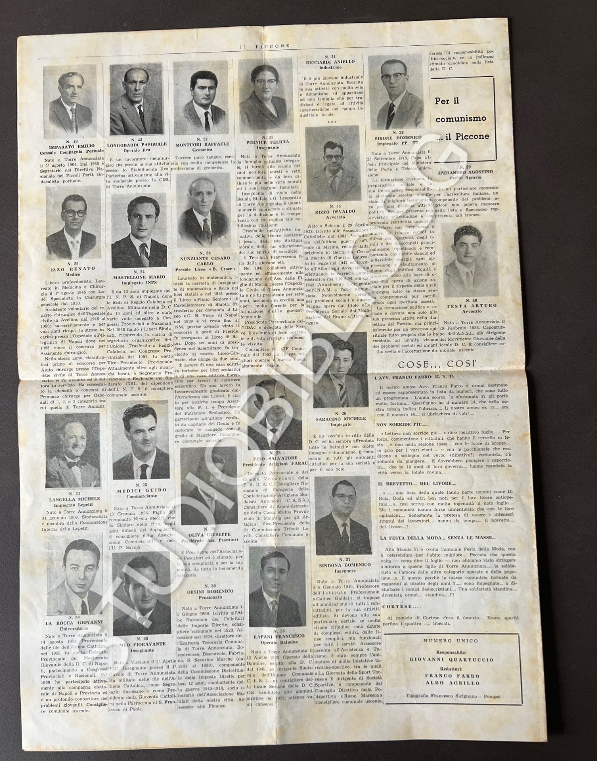 TORRE ANNUNZIATA IL PICCONE 1962 NUMERO UNICO DEMOCRAZIA CRISTIANA ELEZIONI FOTO