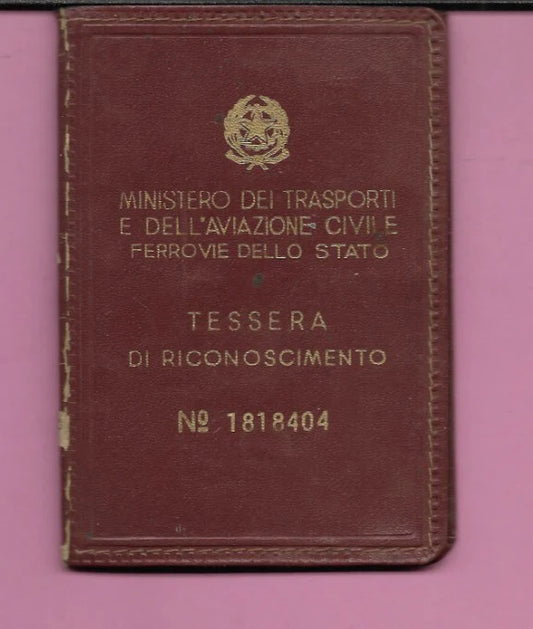 1965 TESSERA DI RICONOSCIMENTO FERROVIE DELLO STATO MINISTERO TRASPORTI