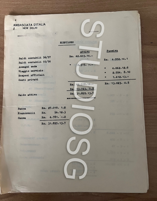1956 AMBASCIATA D'ITALIA NEW DELHI DOCUMENTO STORICO 7 PAGINE CONTABILITA'