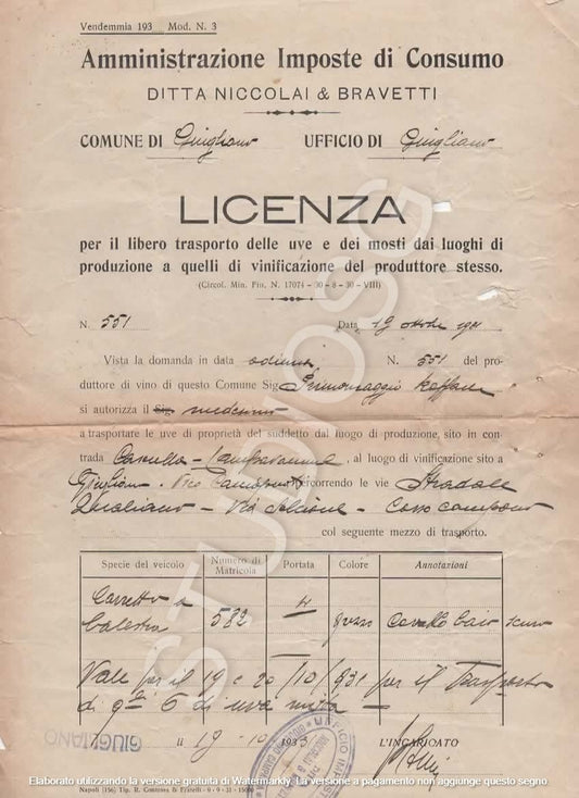 GIUGLIANO IN CAMPANIA 1931 LICENZA TRASPORTO UVE E MOSTI PER LA VINIFICAZIONE