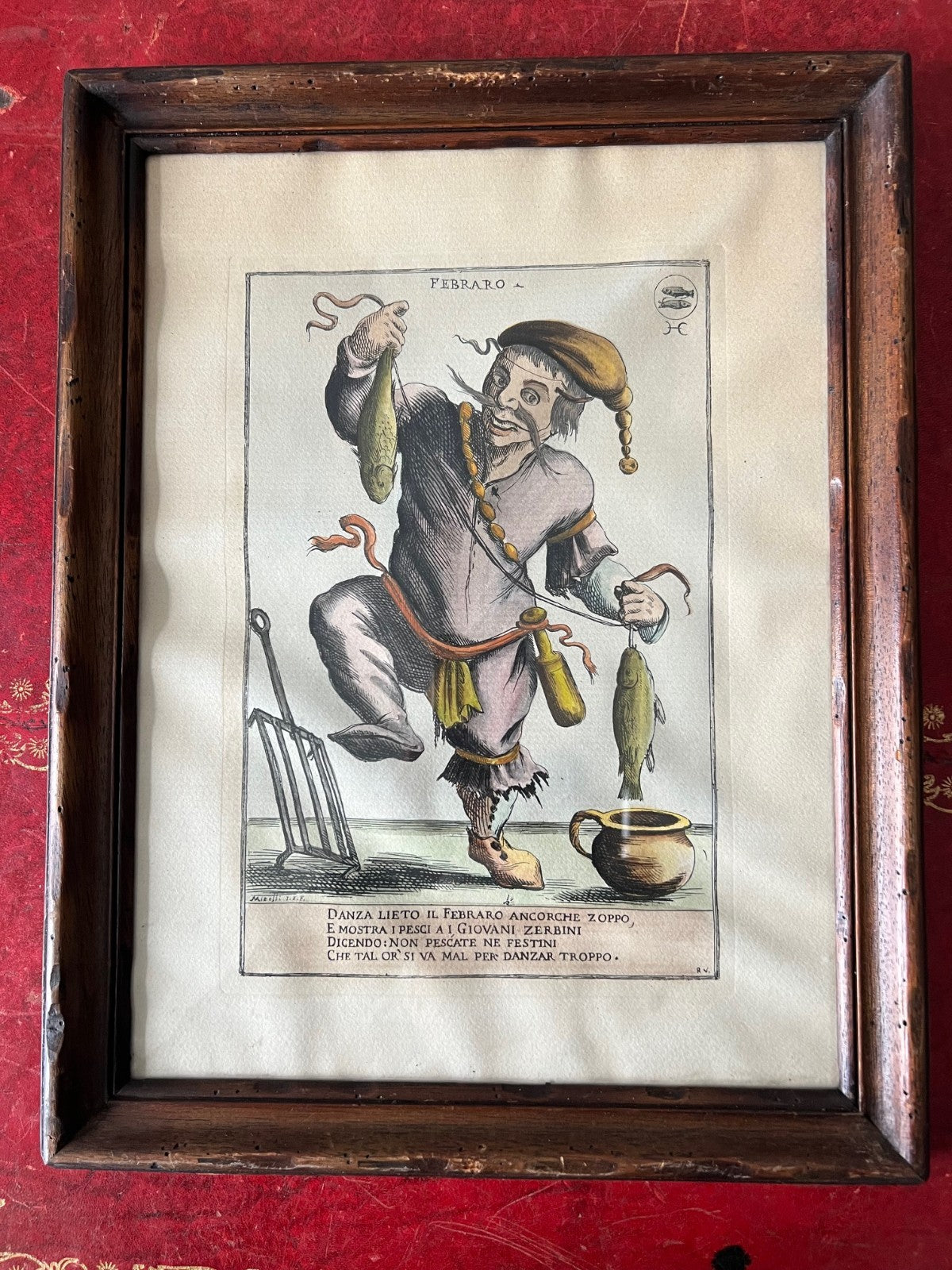 INCISIONE ACQUARELLATA FEBBRAIO PESCI GIUSEPPE MARIA MITELLI 45 X 35