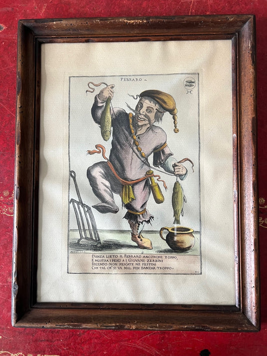 INCISIONE ACQUARELLATA FEBBRAIO PESCI GIUSEPPE MARIA MITELLI 45 X 35