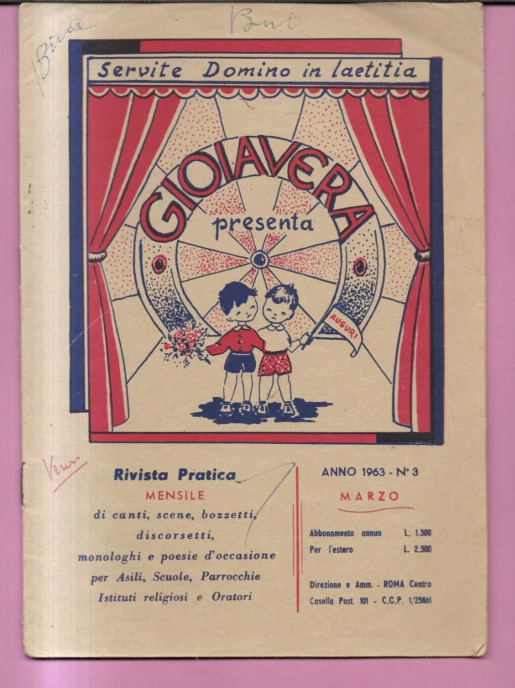 GIOIA VERA N. 3 ANNO 1963 CANTI, POESIE , SCENE, SCUOLA PARROCCHIE ASILI BAMBINI
