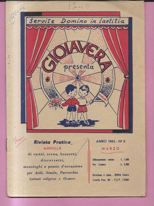GIOIA VERA N. 3 ANNO 1963 CANTI, POESIE , SCENE, SCUOLA PARROCCHIE ASILI BAMBINI