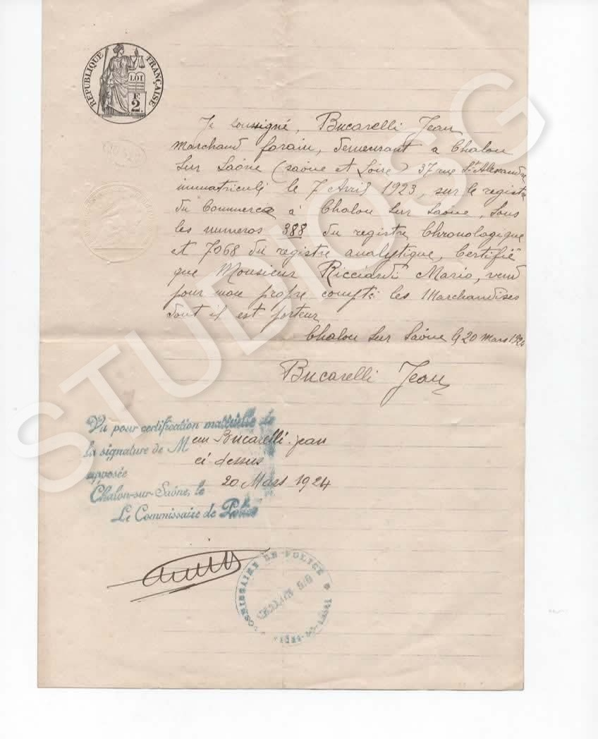1924 FRANCIA CHALON SUR SAONE DICHIARAZIONE DI CONSEGNA MERCI JEAN BUCARELLI
