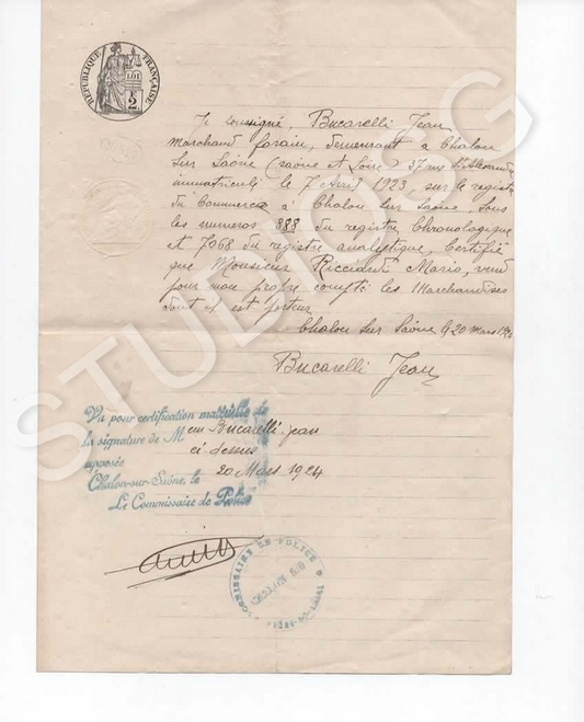 1924 FRANCIA CHALON SUR SAONE DICHIARAZIONE DI CONSEGNA MERCI JEAN BUCARELLI