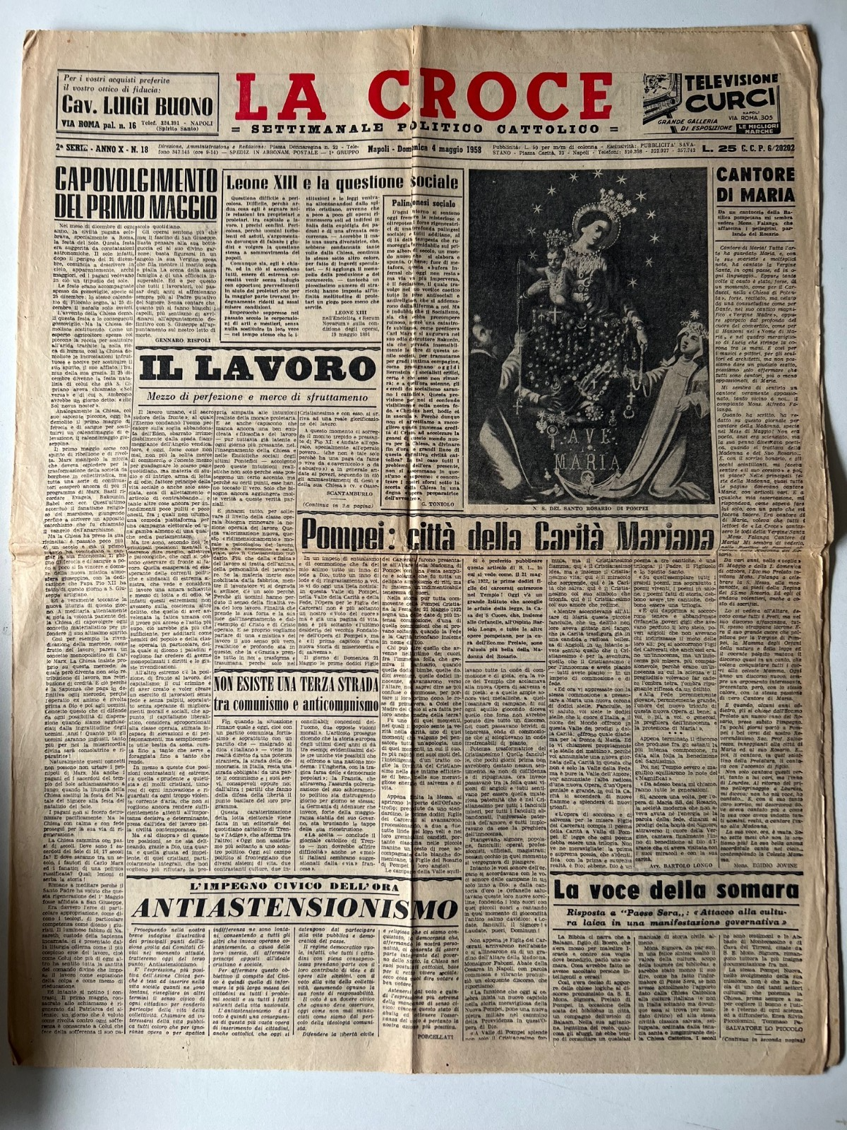 LA CROCE SETTIMANALE POLITICO CATTOLICO 1958 MADONNA DI POMPEI BARTOLO LONGO