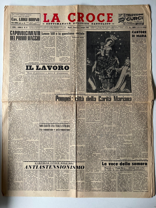LA CROCE SETTIMANALE POLITICO CATTOLICO 1958 MADONNA DI POMPEI BARTOLO LONGO