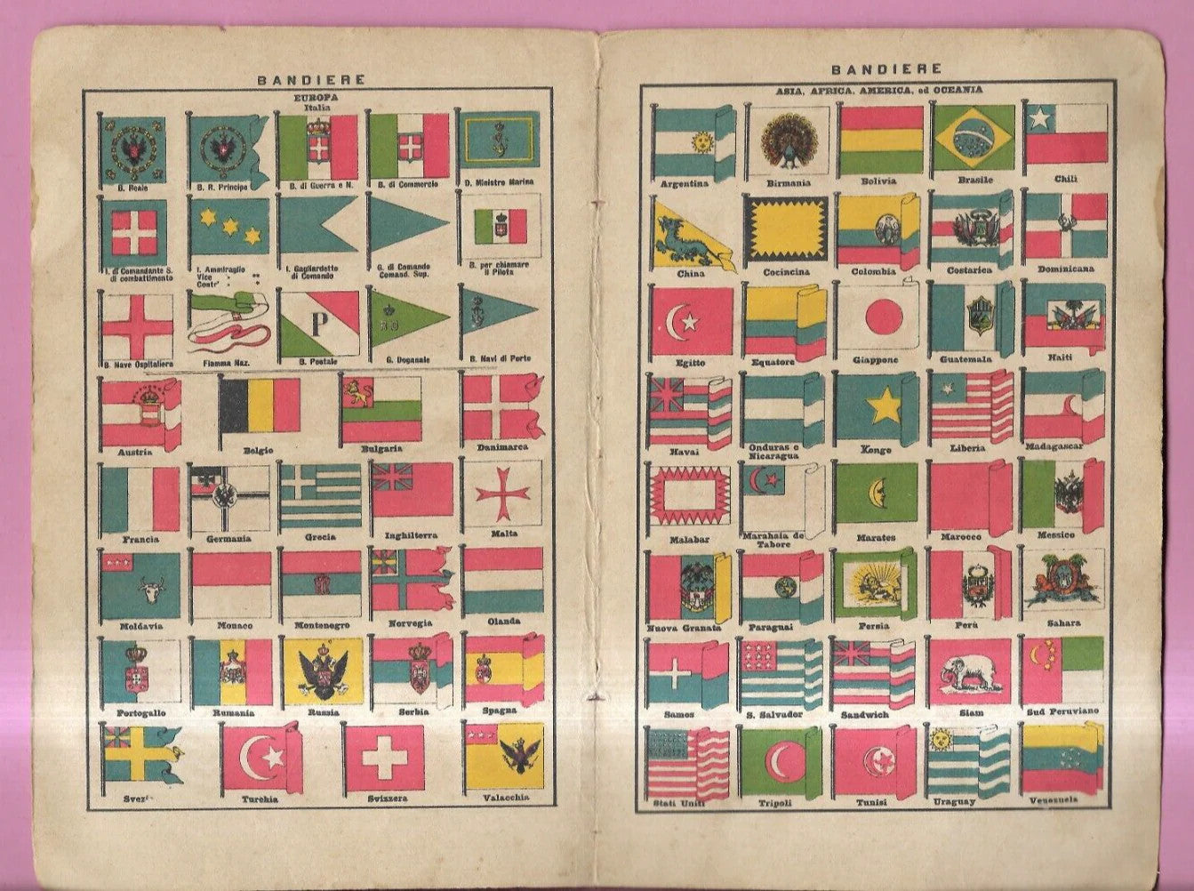 ANTICA STAMPA 1890 BANDIERE , ITALIA, EUROPA ASIA AFRICA ED OCEANIA
