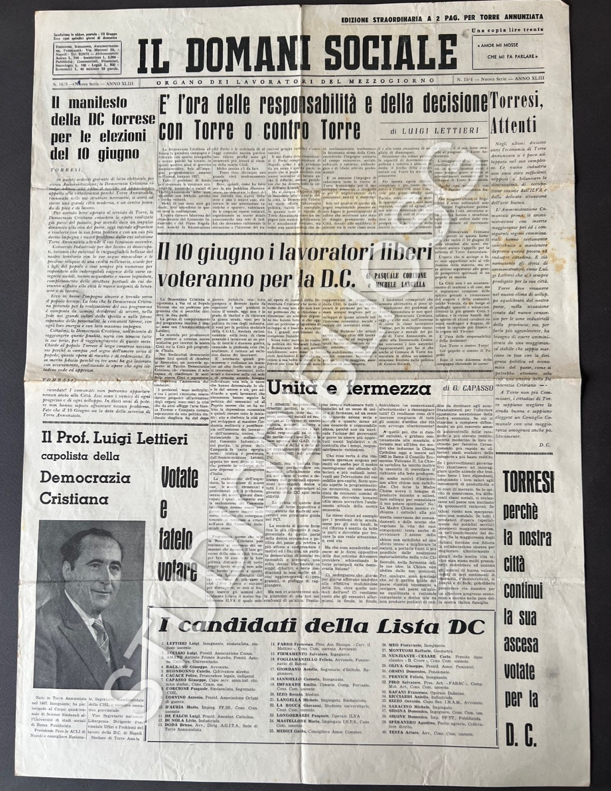 TORRE ANNUNZIATA IL DOMANI SOCIALE 1962 ELEZIONI CANDIDATI DEMOCRAZIA CRISTIANA