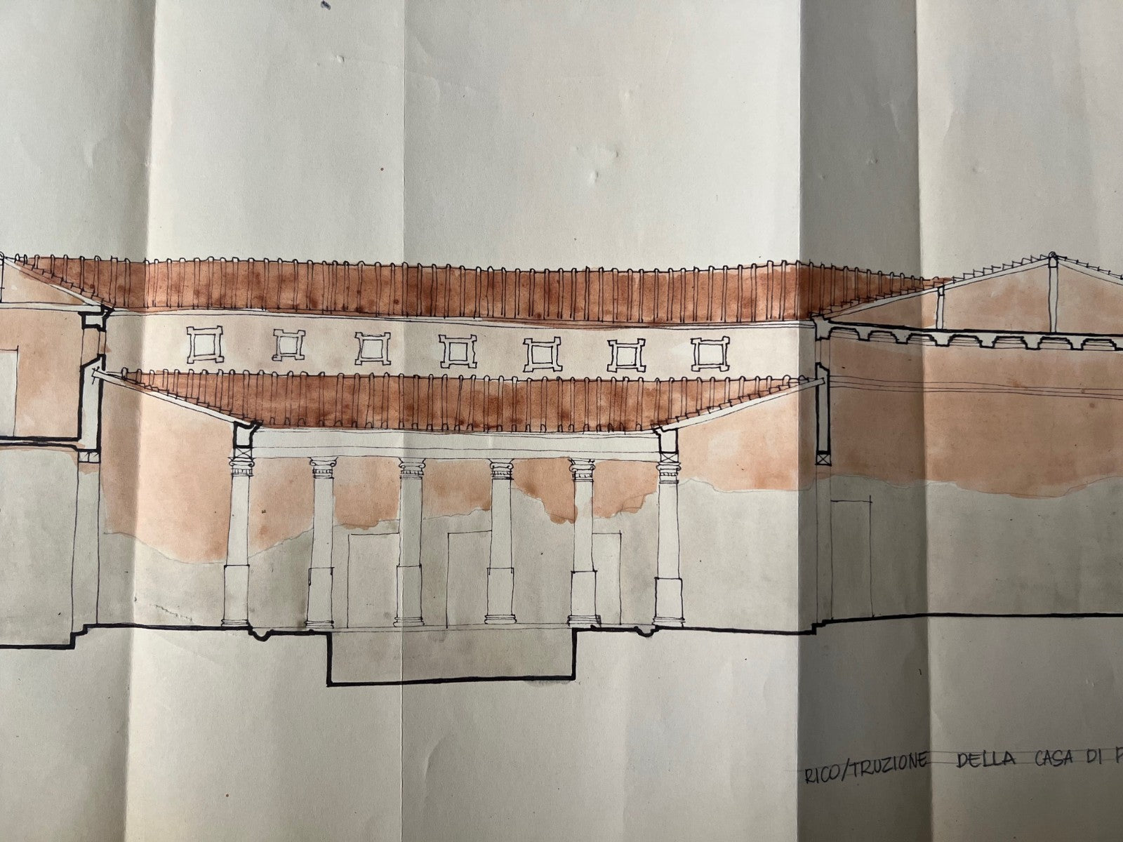 CHINA ED ACQUERELLO 1923 POMPEI RUINS RICOSTRUZIONE DELLA CASA DI PANSA MAZOIS