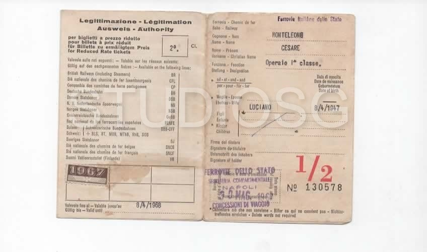 FERROVIE ITALIANE TESSERA 1967 CARTA DI LEGGITTIMAZIONE INTERNAZIONALE BOLLINI