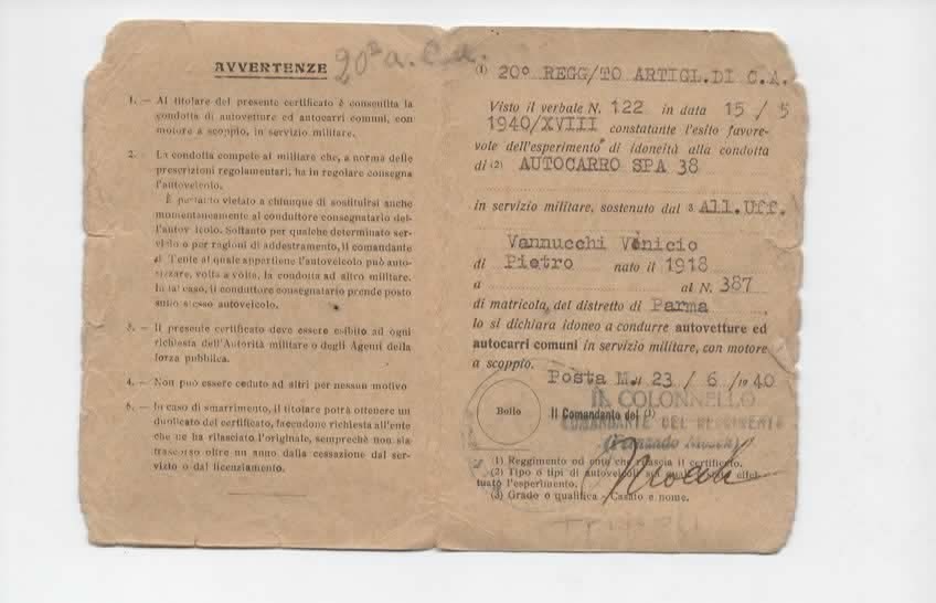 MINISTERO DELLA GUERRA CERTIFICATO D'IDONEITA' ALLA CONDOTTA DI AUTOVETTURE 1940