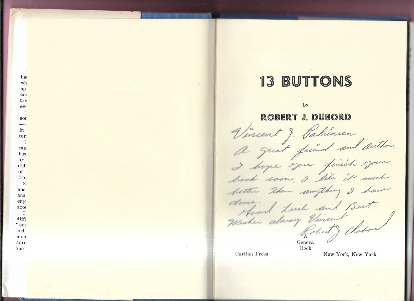 13 BUTTONS ROBERT J. DUBORD 1973 CARLTON PRESS SIGNED FIRST EDITION
