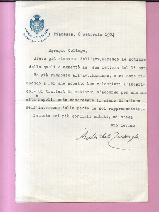 AUTOGRAFO LETTERA CAMERA DEI DEPUTATI 1924 AVV. MICHELE TERZAGHI PIACENZA