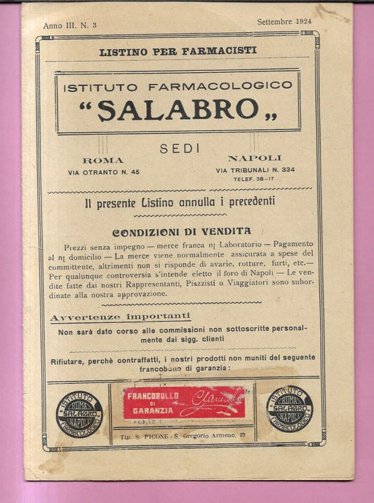 1924 LISTINO PER FARMACISTI ISTITUTO FARMACOLOGICO SALABRO ROMA - NAPOLI