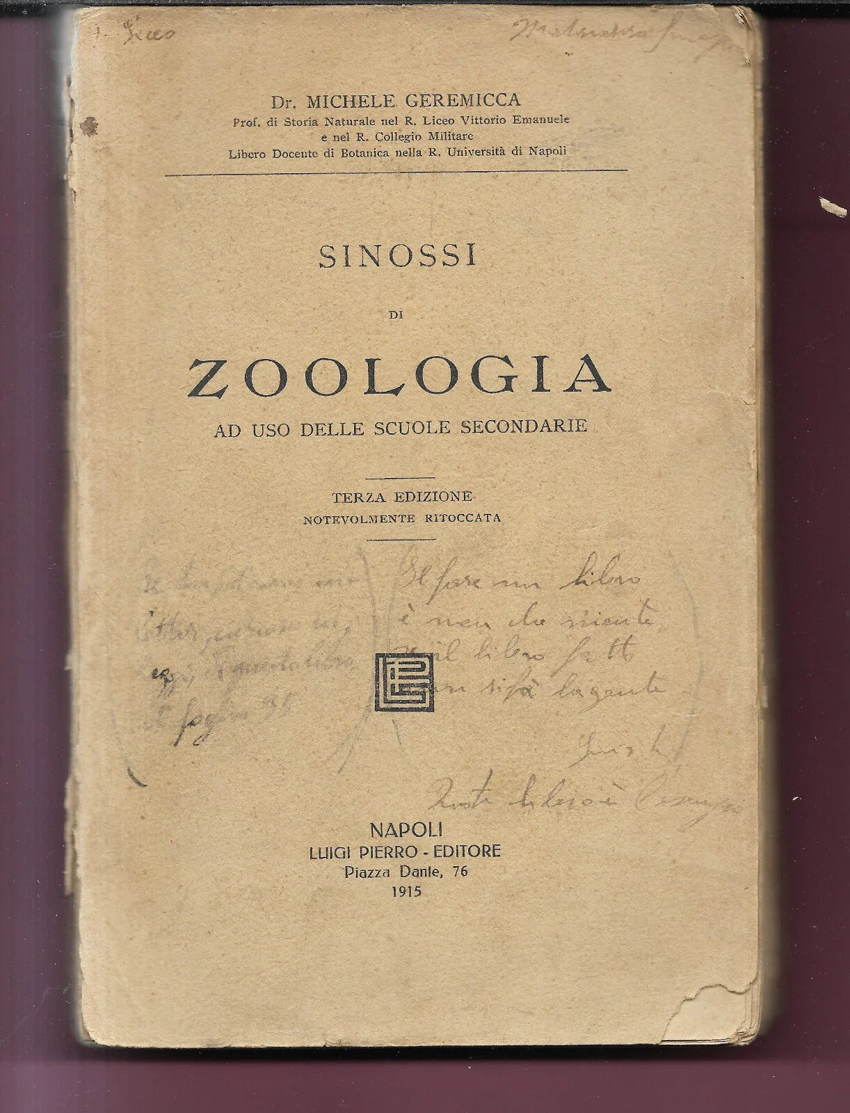 DR. MICHELE GEREMICCA SINOSSI DI ZOOLOGIA 1915 NAPOLI PIERRO EDITORE