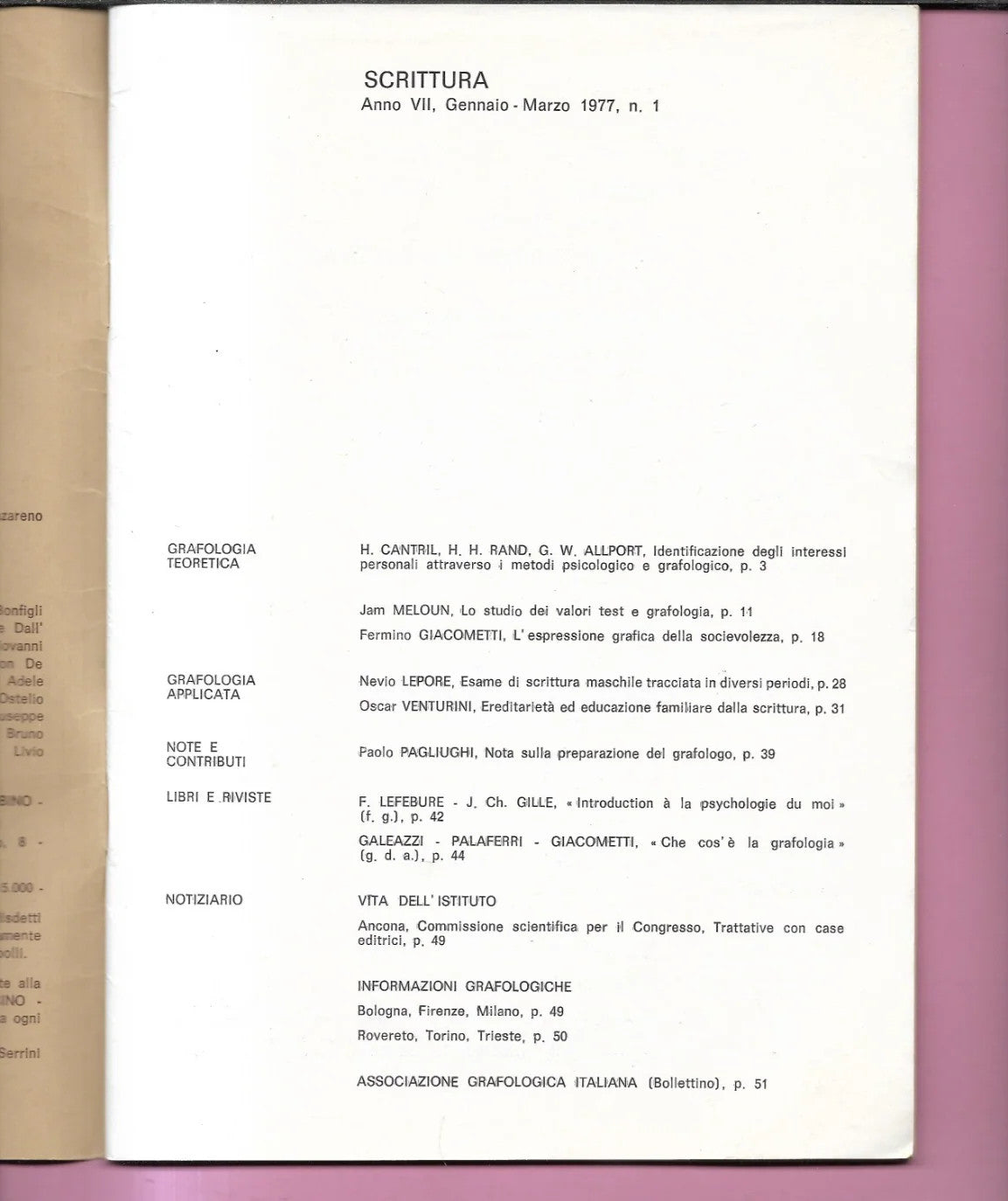 SCRITTURA RIVISTA DI PROBLEMI GRAFOLOGICI N. 21 GENNAIO MARZO 1977