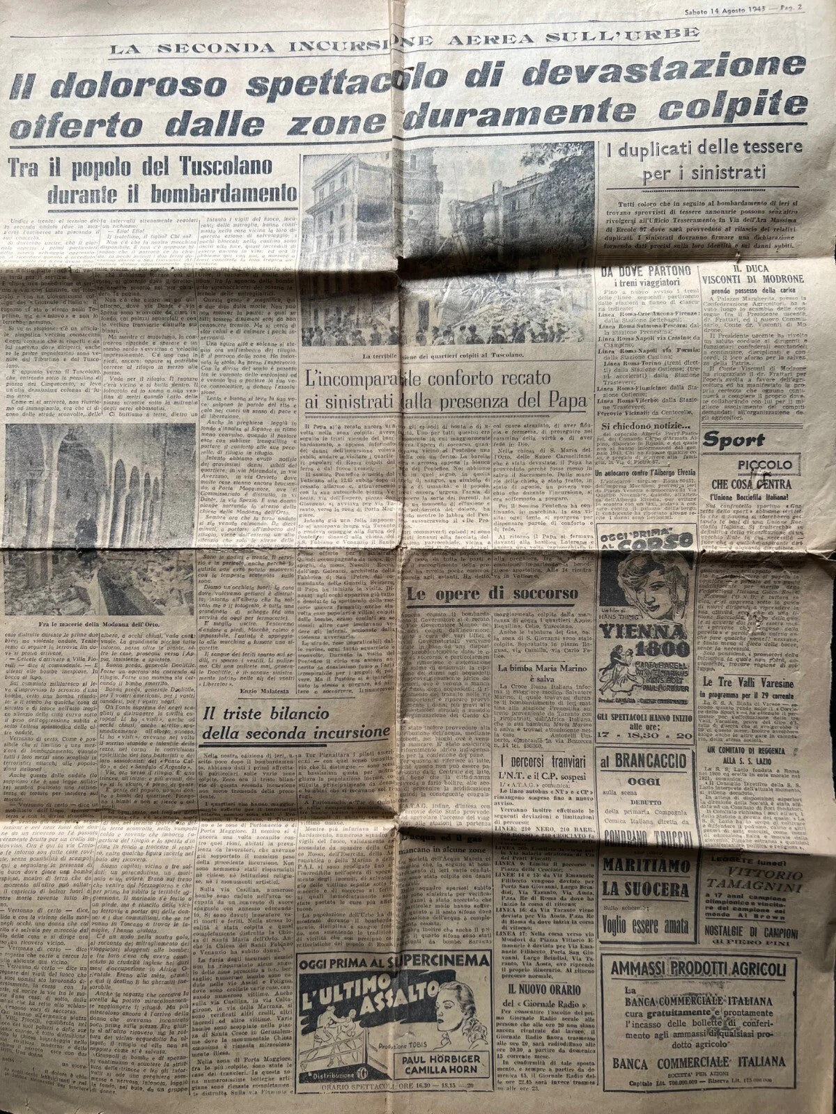1943 QUOTIDIANO IL PICCOLO BOMBARDAMENTO ROMA , MILANO E TORINO WWII