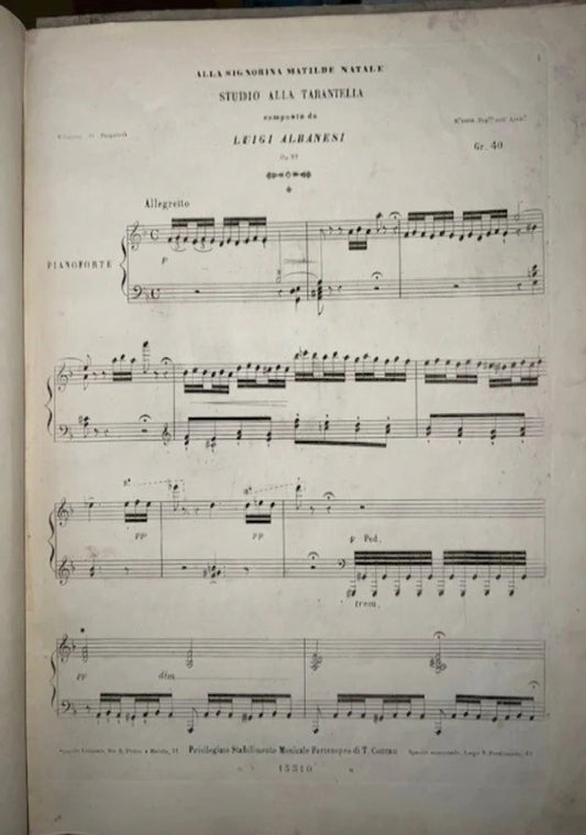 SPARTITO 1860 Studio alla Tarantella Luigi Albanesi, Napoli Cottrau