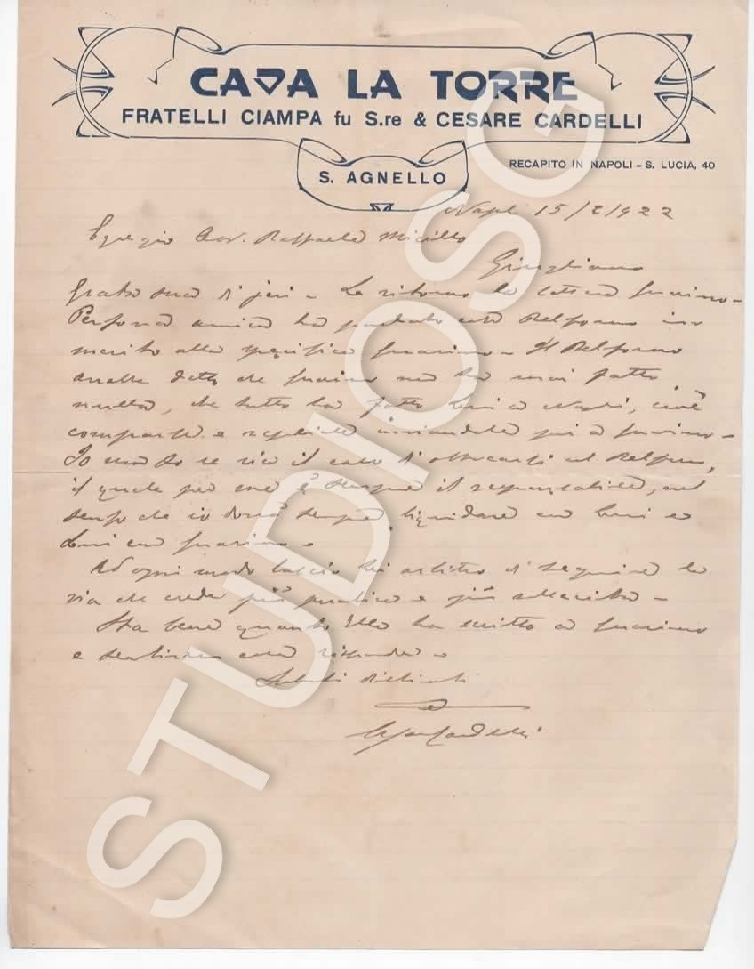 1922 S. AGNELLO SORRENTO CAVA LA TORRE FRATELLI CIAMPA LETTERA PUBBLICITARIA