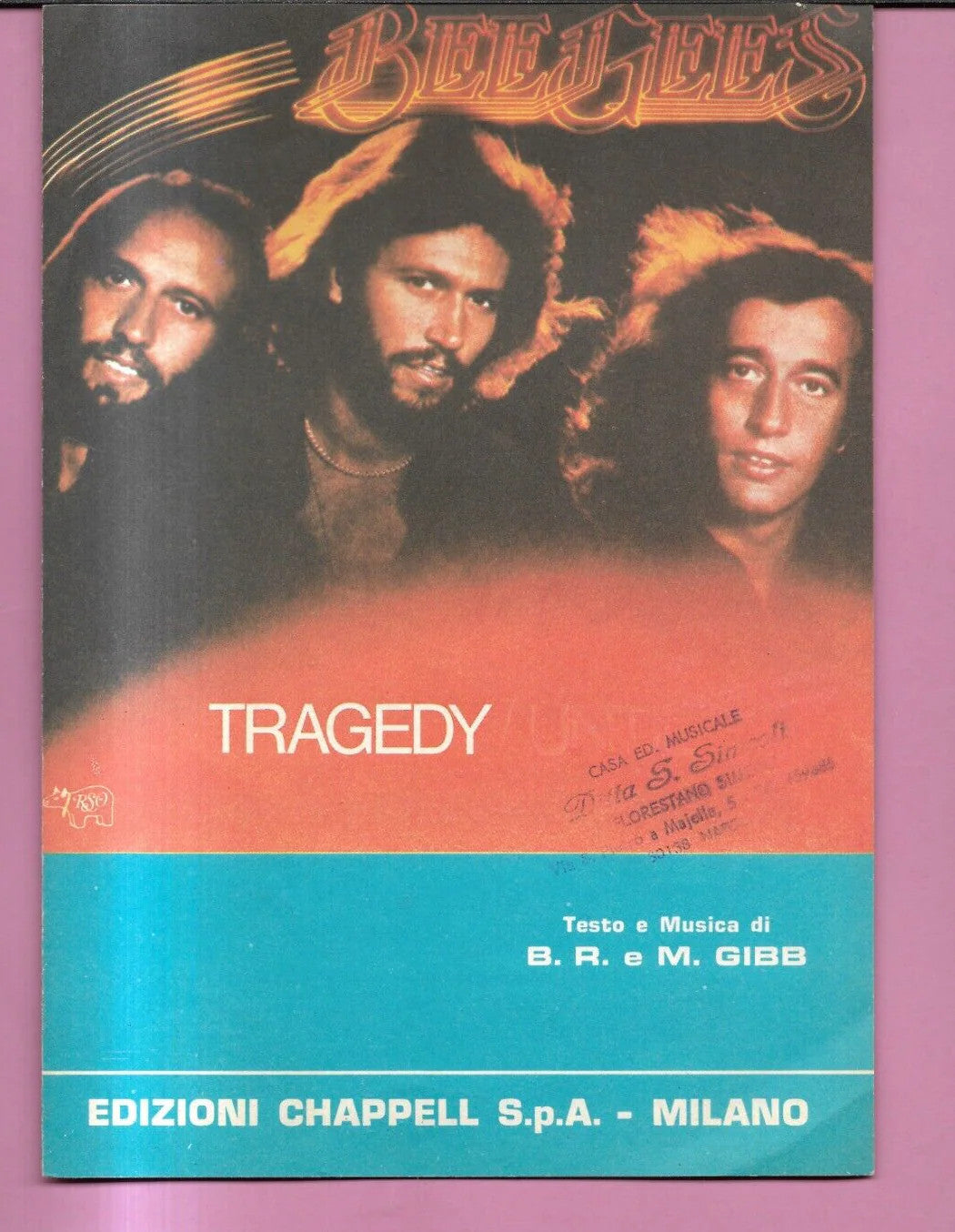 SPARTITO BEE GEES TRAGEDY CANTO MANDOLINO FISARMONICA 1979 CHAPPELL MILANO