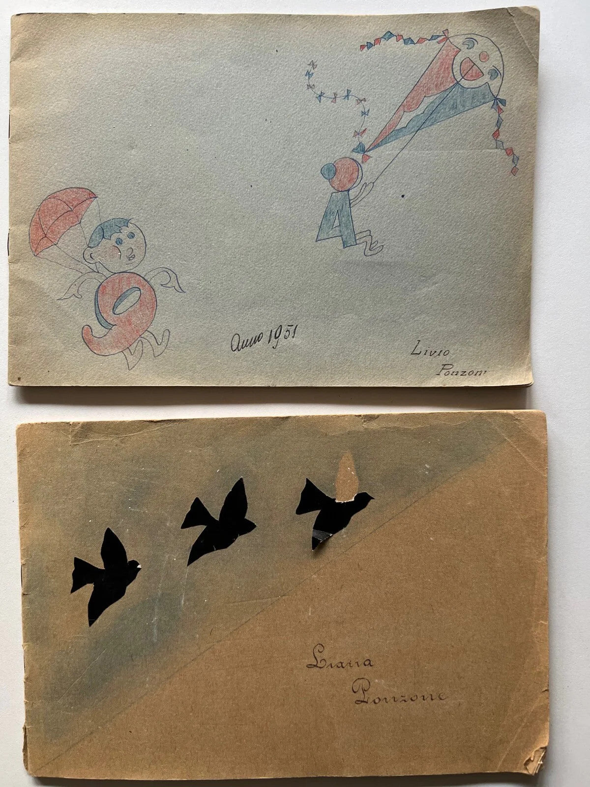1951 2 ALBUM DA DISEGNO GIOTTO CON DISEGNI USATI QUADERNI SCUOLA D'EPOCA