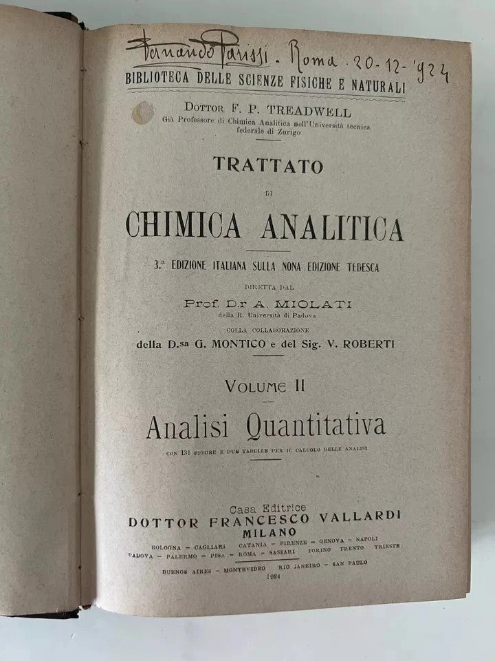 TREADWELL TRATTATO DI CHIMICA ANALITICA VOL. II ANALISI QUANTITATIVA 1924 VALLAR