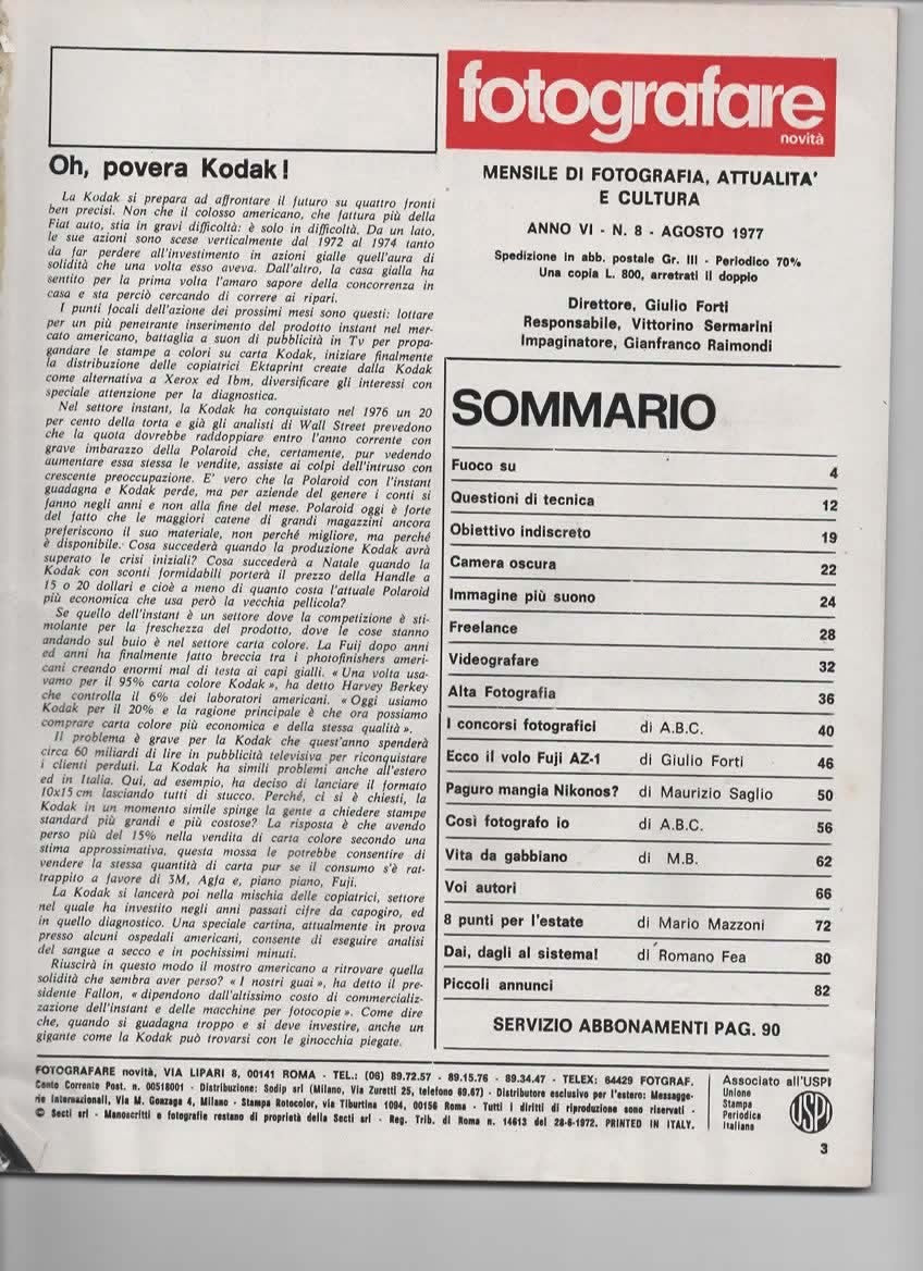 RIVISTA FOTOGRAFARE ANNO VI N 8 AGOSTO 1977 - FUJICA AZ-1