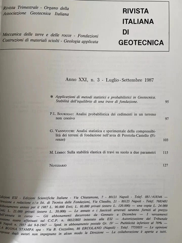 RIVISTA ITALIANA DI GEOTECNICA N° 3 - 1987 MECCANICA DELLE TERRE E DELLE ROCCE