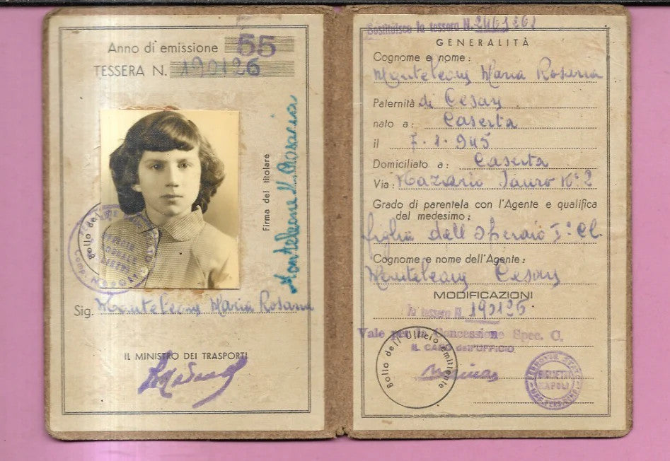 1955 TESSERA DI RICONOSCIMENTO FERROVIE DELLO STATO MINISTERO TRASPORTI BAMBINA