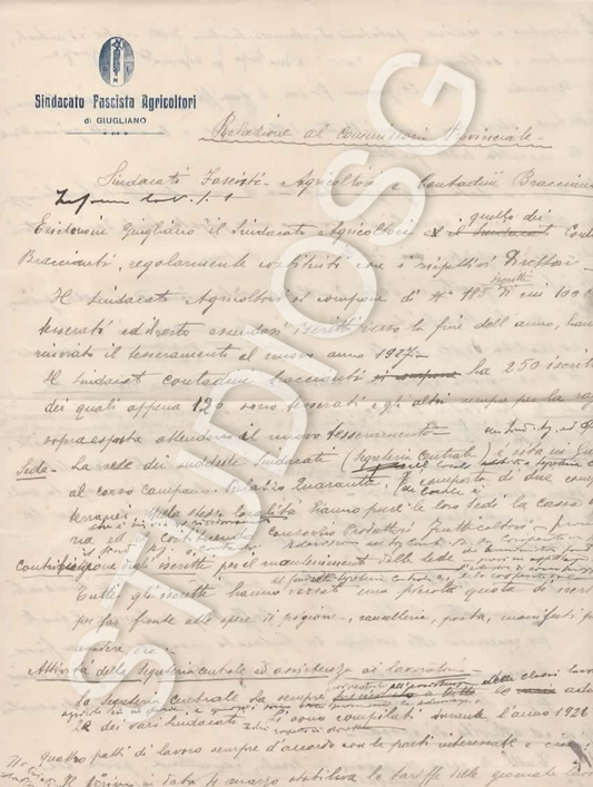 1927 LETTERA SINDACATO FASCISTA AGRICOLTORI DI GIUGLIANO PNF RELAZIONE AL COMMIS