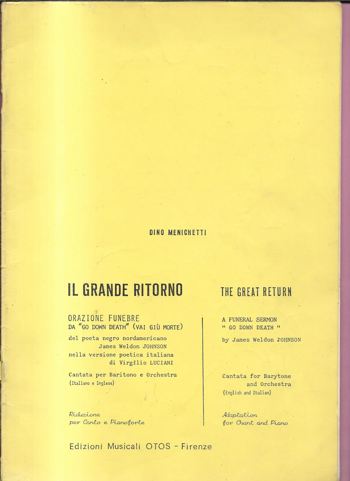 SPARTITO DINO MENICHETTI IL GRANDE RITORNO ORAZIONE FUNEBRE BARITONO 1988 OTOS