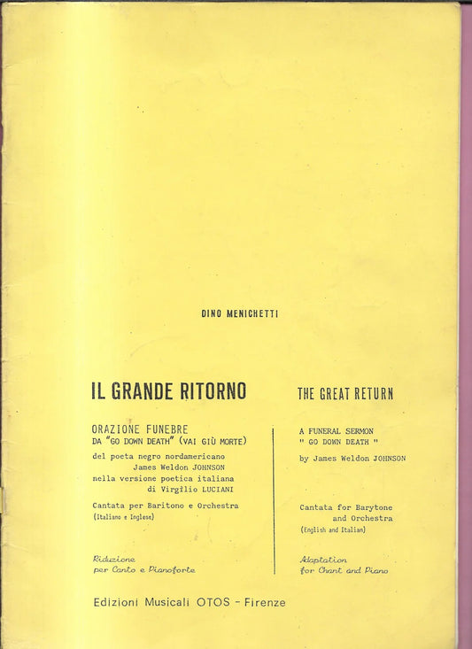 SPARTITO DINO MENICHETTI IL GRANDE RITORNO ORAZIONE FUNEBRE BARITONO 1988 OTOS