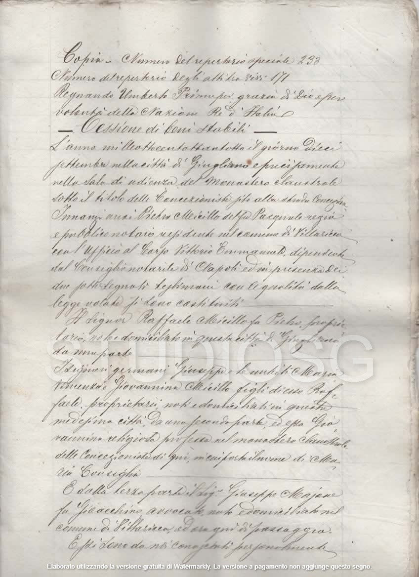 MANOSCRITTO 1888 GIUGLIANO IN CAMPANIA NAPOLI 12 PAGINE CESSIONE DI BENI STABILI