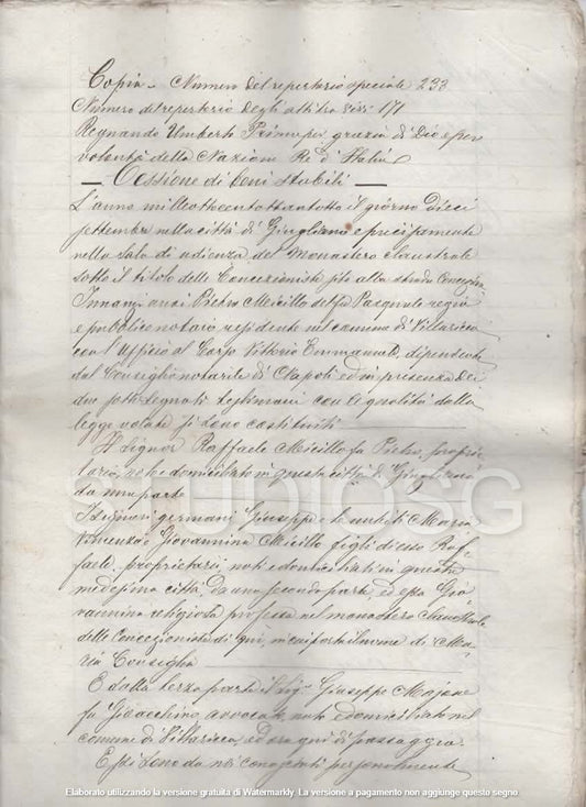 MANOSCRITTO 1888 GIUGLIANO IN CAMPANIA NAPOLI 12 PAGINE CESSIONE DI BENI STABILI
