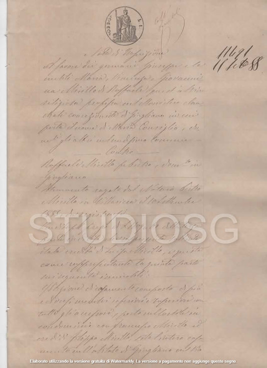 MANOSCRITTO 1888 GIUGLIANO IN CAMPANIA NAPOLI NOTA TRASCRIZIONE IPOTECHE