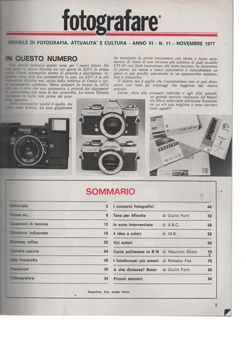 RIVISTA FOTOGRAFARE ANNO VI N 11 NOVEMBRE 1977 - MINOLTA