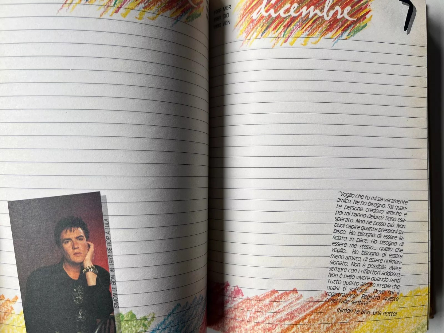 DIARIO VINTAGE BE BOP A LULA 1987 NUOVO U2, VASCO, BON JOVI, DURAN DURAN, MADON