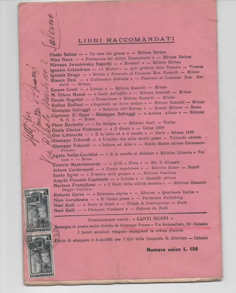 PAGINE ROSA RASSEGNA DI POESIE SCELTE DIRETTA DA G. TRUCCO 1951 CATANIA