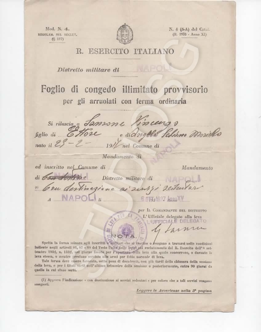 NAPOLI REGIO ESERCITO ITALIANO 1937 FOGLIO DI CONGEDO ILLIMITATO PROVVISORIO