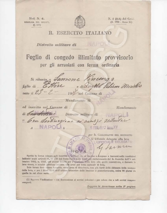 NAPOLI REGIO ESERCITO ITALIANO 1937 FOGLIO DI CONGEDO ILLIMITATO PROVVISORIO