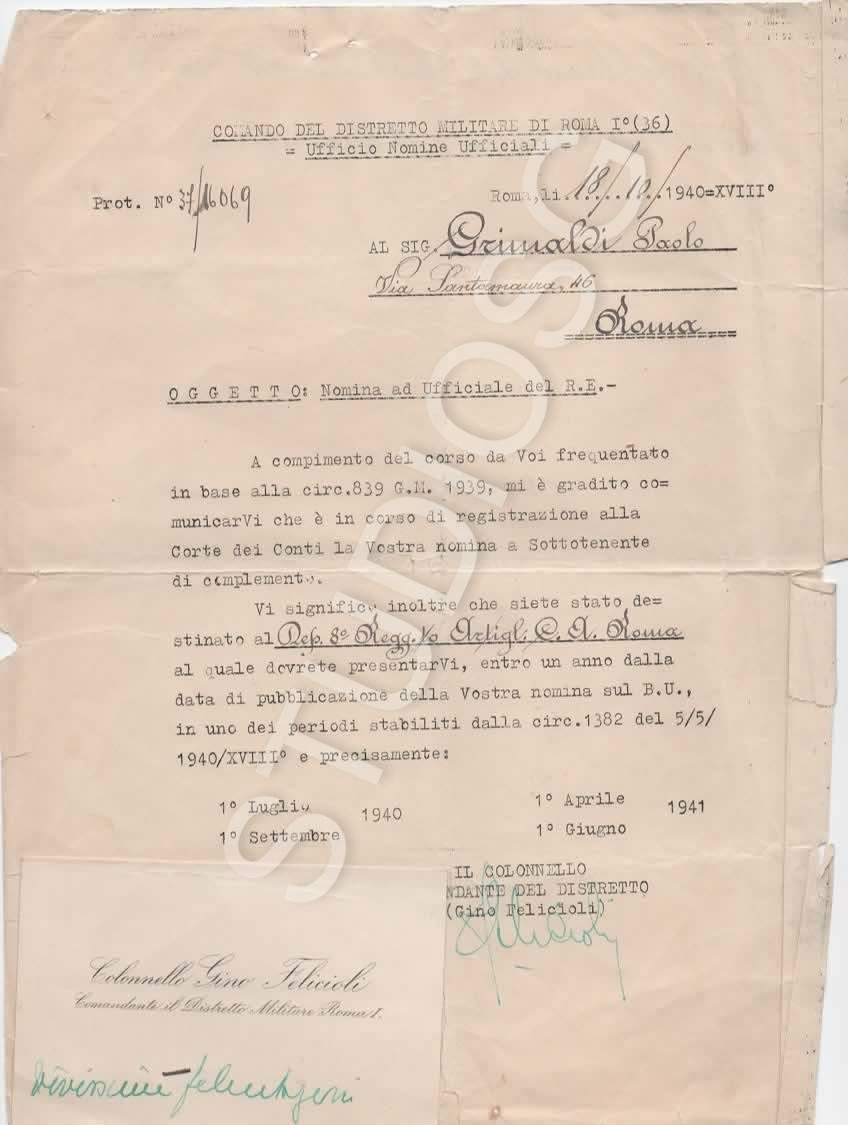 ROMA 1940 NOMINA AD UFFICIALE DEL REGIO ESERCITO