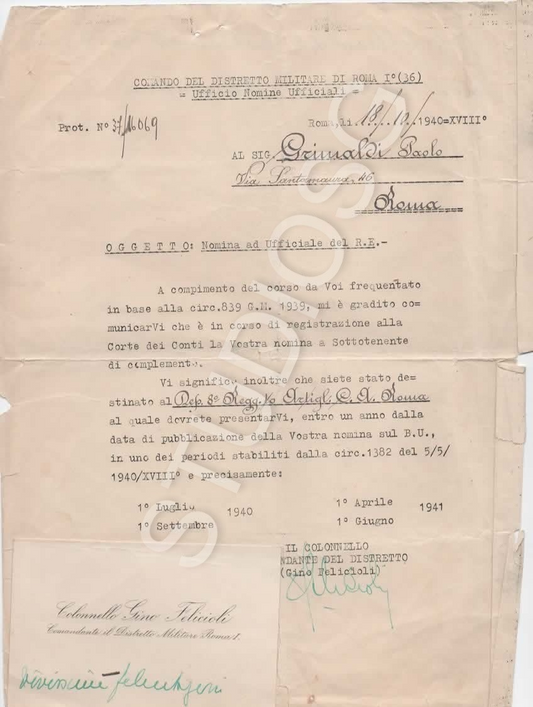 ROMA 1940 NOMINA AD UFFICIALE DEL REGIO ESERCITO